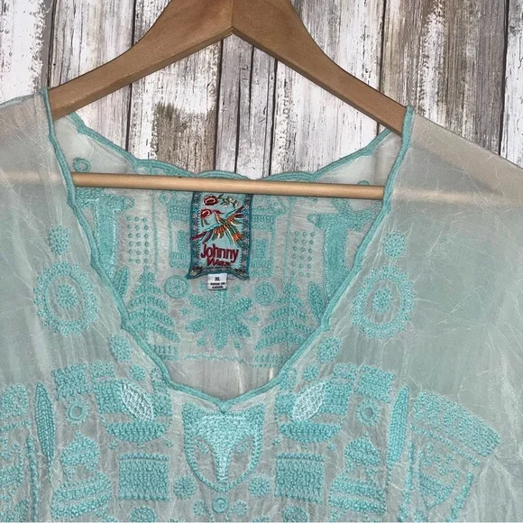 Johnny Was Folk Teal Embroidered Top - Picture 6 of 7